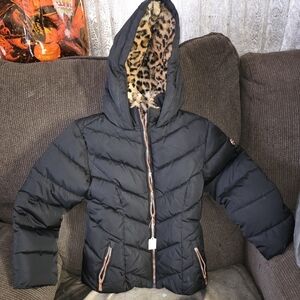 Kids Black Puffer Jacket with Leopard Lining